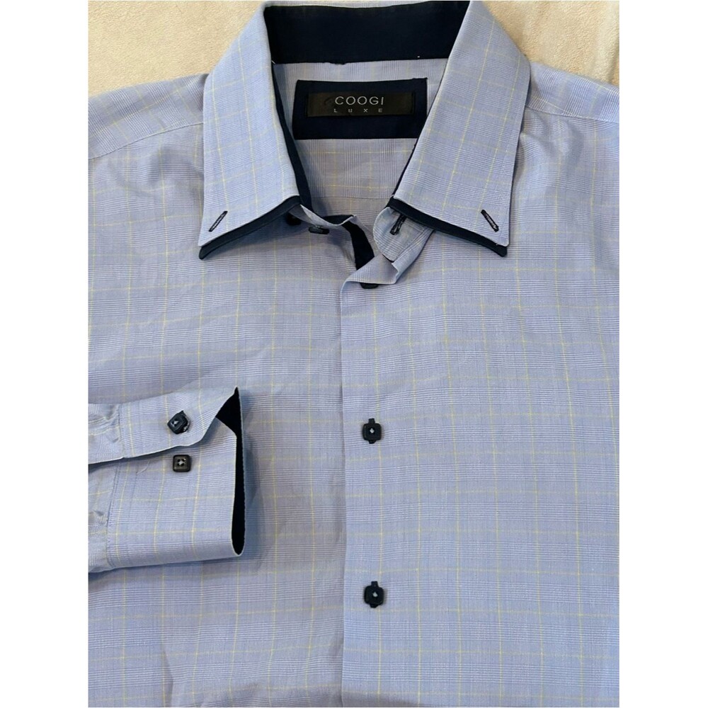 COOGI Luxe 4XL Button Up Shirt Blue Purple Plaid Double Collar Big & Tall Cotton